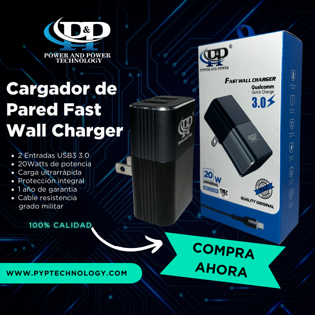CARGADOR DE PARED FAST WALL CHARGUER 3.0 20 WATTS TIPOC/V8